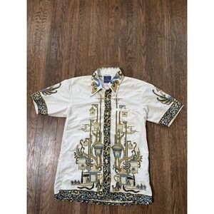 Vintage 60s-70s Lion Brand Java Batik Shirt Mens Medium Short Sleeve Birdcage